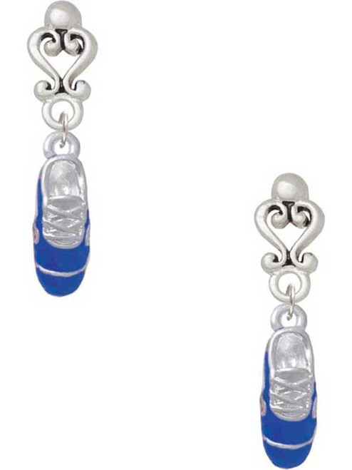 Silver Plated 3-D Blue Running Shoe - Filigree Heart Post Earrings