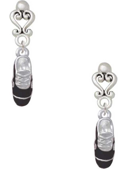 Silver Plated 3-D Black Running Shoe - Filigree Heart Post Earrings
