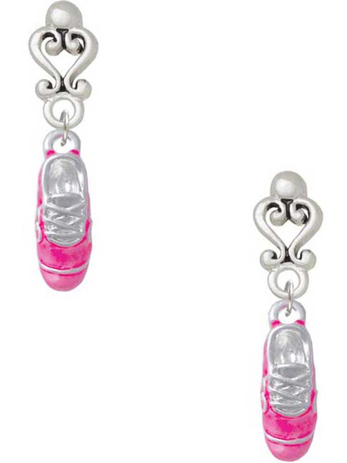 Silver Plated 3-D Hot Pink Running Shoe - Filigree Heart Post Earrings