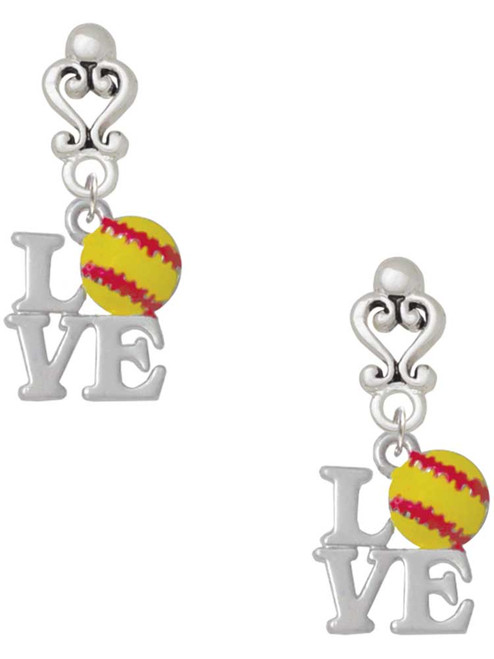 Silver Plated Love with Softball - Filigree Heart Post Earrings