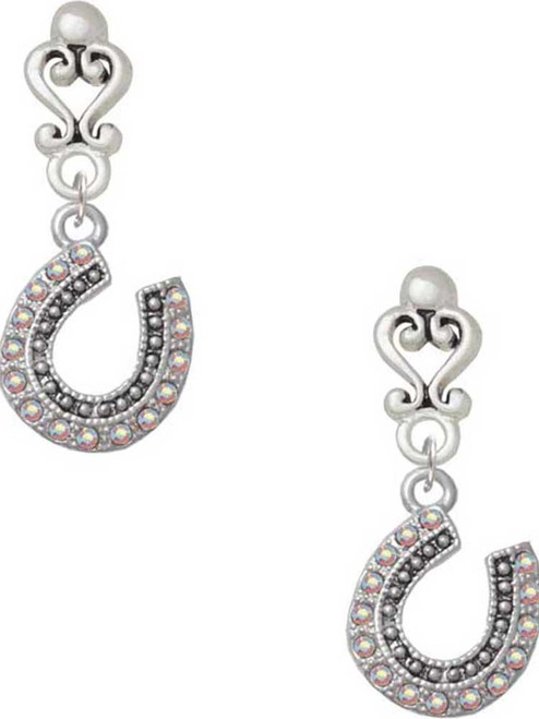Silver Plated Beaded Clear AB Crystal Horseshoe with Good Luck - Filigree Heart Post Earrings