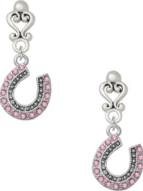 Silver Plated Beaded Pink Crystal Horseshoe with Good Luck - Filigree Heart Post Earrings