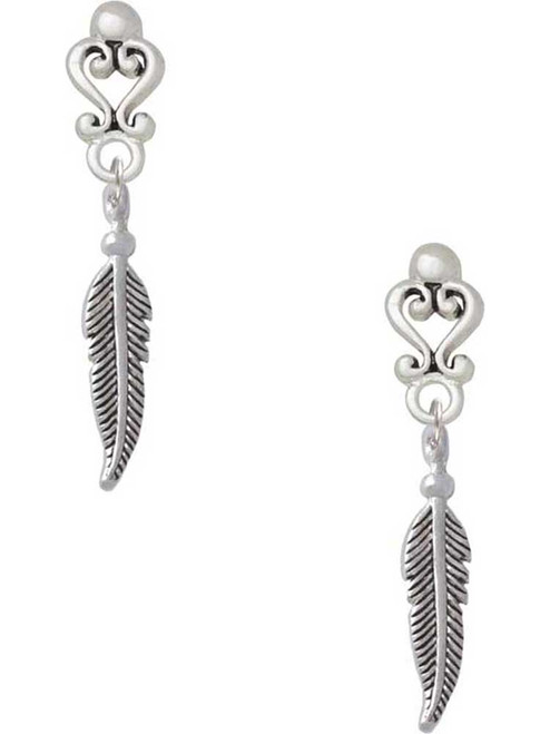 Silver Plated 3-D Feather - Filigree Heart Post Earrings