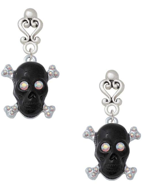 Silver Plated Large Black Resin Skull with AB Crystals - Filigree Heart Post Earrings