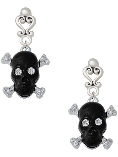 Silver Plated Large Black Resin Skull with Clear Crystals - Filigree Heart Post Earrings