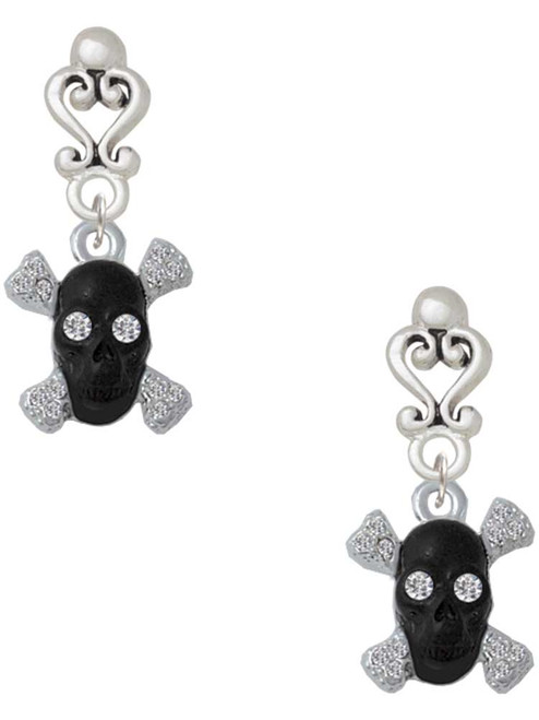 Silver Plated Small Black Resin Skull with Clear Crystals - Filigree Heart Post Earrings
