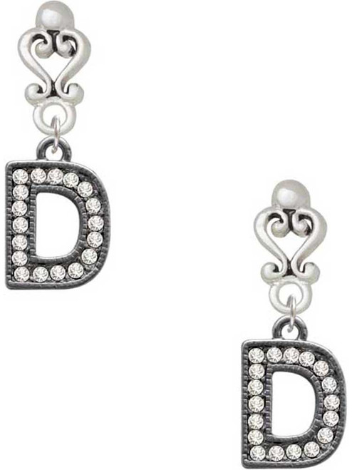 Black Nickeltone Crystal Initial - D - Beaded Border - Filigree Heart Post Earrings