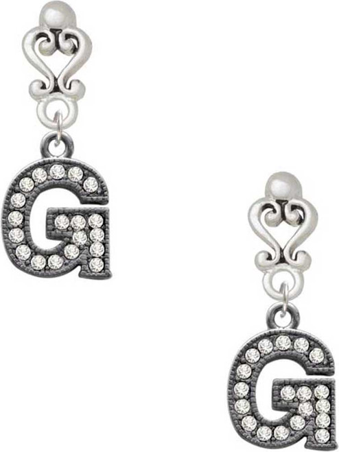 Black Nickeltone Crystal Initial - G - Beaded Border - Filigree Heart Post Earrings