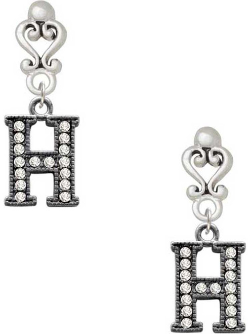 Black Nickeltone Crystal Initial - H - Beaded Border - Filigree Heart Post Earrings