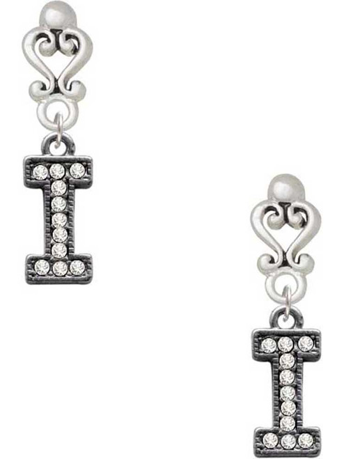 Black Nickeltone Crystal Initial - I - Beaded Border - Filigree Heart Post Earrings
