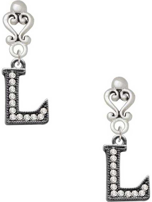 Black Nickeltone Crystal Initial - L - Beaded Border - Filigree Heart Post Earrings