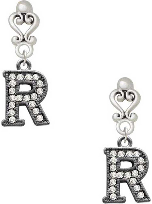Black Nickeltone Crystal Initial - R - Beaded Border - Filigree Heart Post Earrings