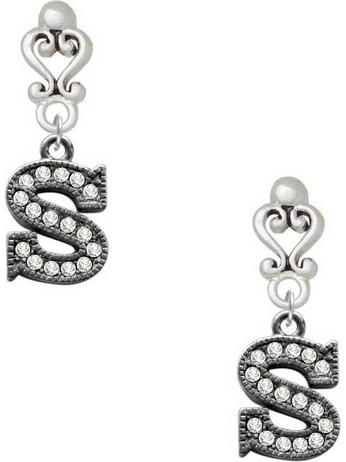 Black Nickeltone Crystal Initial - S - Beaded Border - Filigree Heart Post Earrings