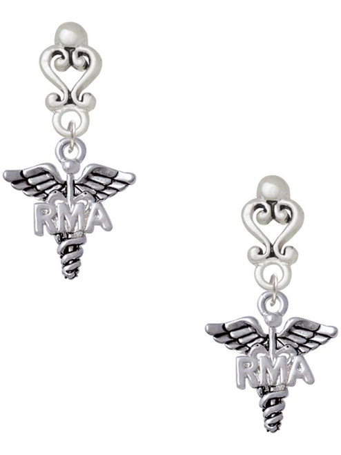 Silver Plated Caduceus - RMA - Filigree Heart Post Earrings