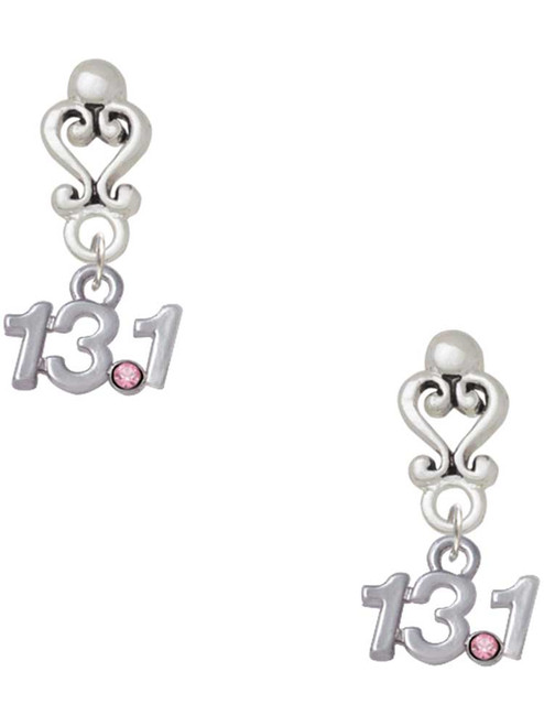 Silver Plated Half Marathon - 13.1 with Pink Crystal - Filigree Heart Post Earrings