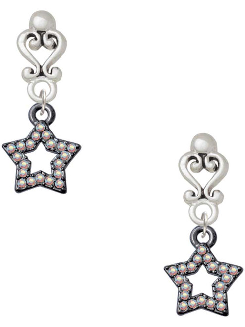 Black Nickeltone AB Crystal Lucky Star - Filigree Heart Post Earrings