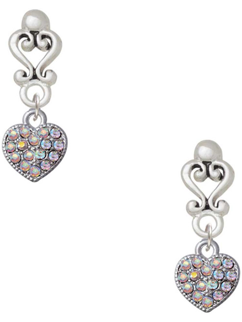 Silver Plated Clear AB Crystal Heart - Filigree Heart Post Earrings