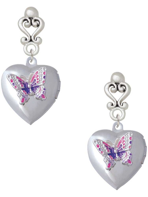 Silver Plated Pink & Purple Butterfly Locket - Filigree Heart Post Earrings