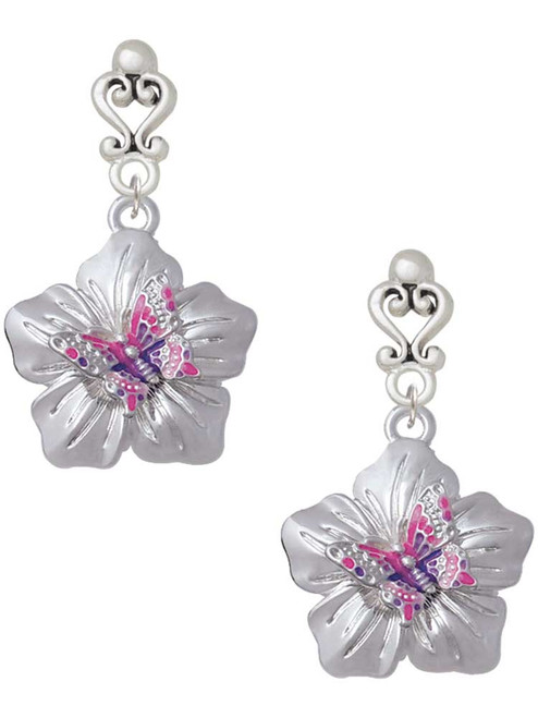 Silver Plated Pink & Purple Butterfly on Large Flower - Filigree Heart Post Earrings