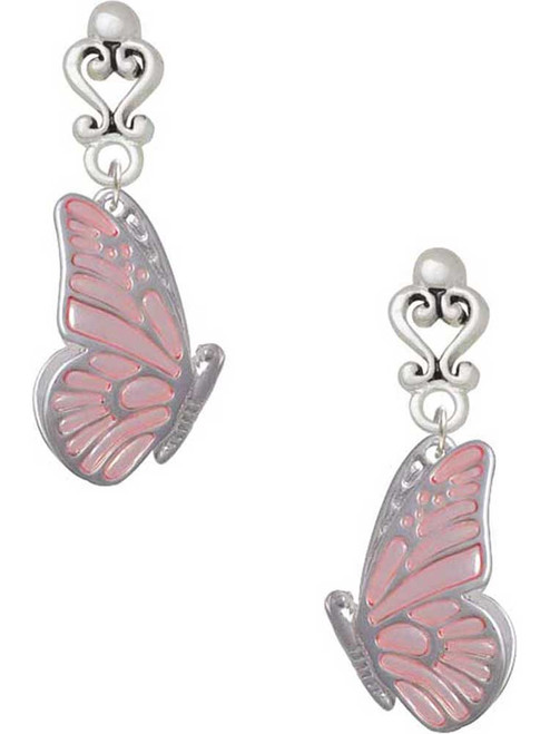 Silver Plated Large Translucent Pink Flying Butterfly - Filigree Heart Post Earrings