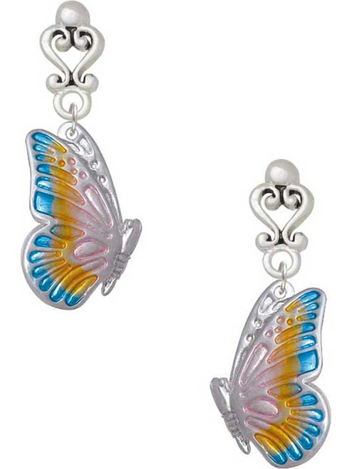 Silver Plated Large Translucent Pastel Flying Butterfly - Filigree Heart Post Earrings