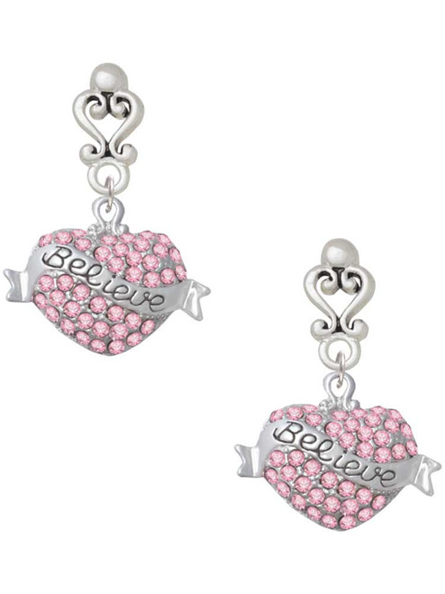 Silver Plated Believe Banner on Pink Crystal Heart - Filigree Heart Post Earrings