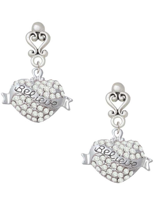 Silver Plated Believe Banner on Clear Crystal Heart - Filigree Heart Post Earrings