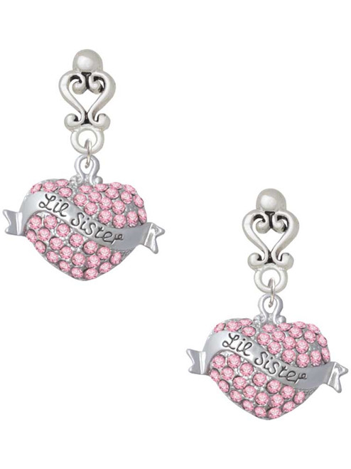 Silver Plated Lil Sister Banner on Pink Crystal Heart - Filigree Heart Post Earrings
