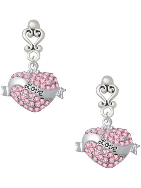 Silver Plated Love Banner on Pink Crystal Heart - Filigree Heart Post Earrings