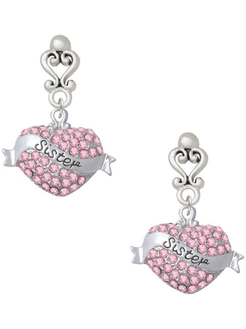 Silver Plated Sister Banner on Pink Crystal Heart - Filigree Heart Post Earrings
