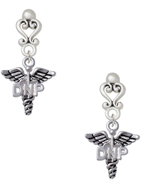 Silver Plated Nurse Caduceus - DNP - Filigree Heart Post Earrings