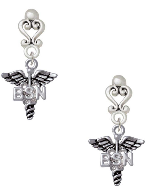 Silver Plated Nurse Caduceus - BSN - Filigree Heart Post Earrings