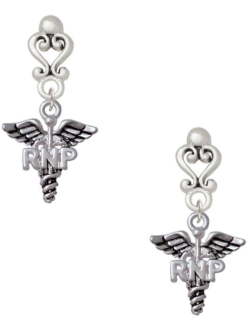 Silver Plated Nurse Caduceus - RNP - Filigree Heart Post Earrings