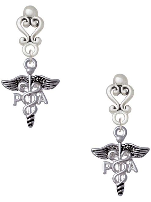 Silver Plated Physician Assistant Caduceus - PA - Filigree Heart Post Earrings