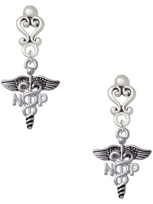 Silver Plated Nurse Caduceus - NP - Filigree Heart Post Earrings
