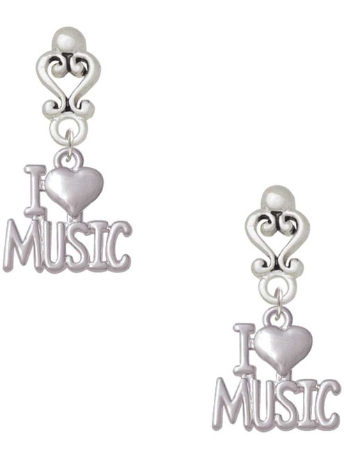 Silver Plated I 'Heart' Music - Filigree Heart Post Earrings