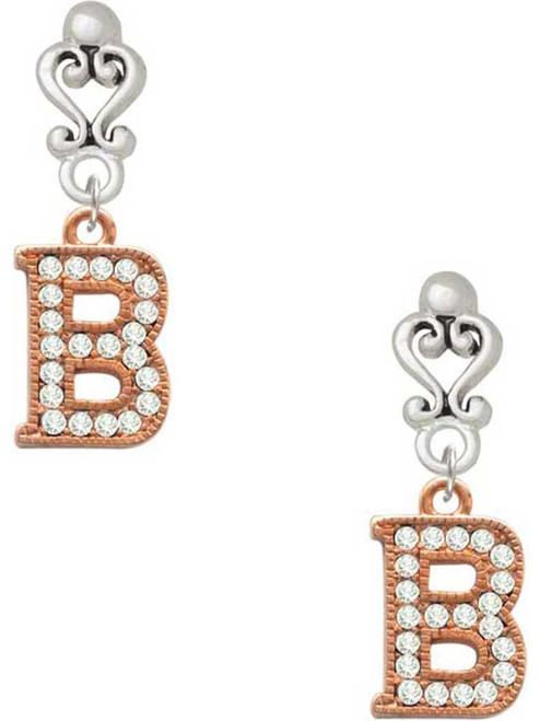 Rose Gold-tone Crystal Initial - B - Filigree Heart Post Earrings