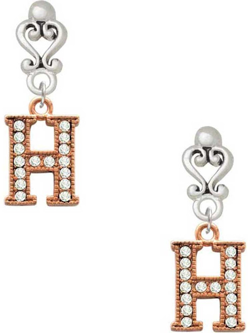 Rose Gold-tone Crystal Initial - H - Filigree Heart Post Earrings