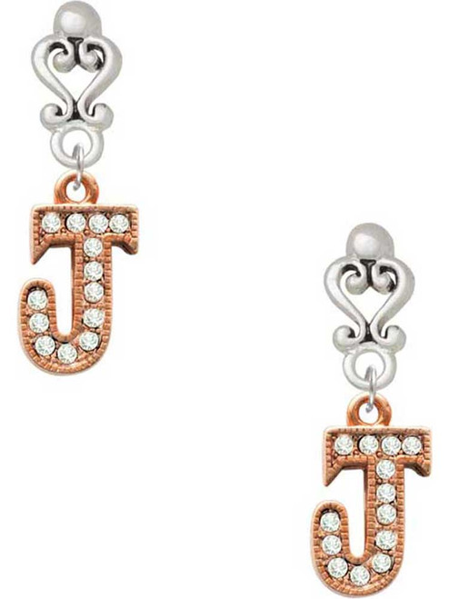 Rose Gold-tone Crystal Initial - J - Filigree Heart Post Earrings