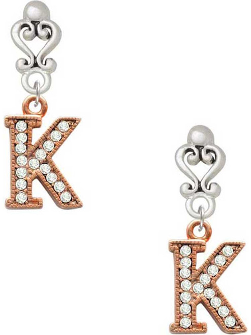 Rose Gold-tone Crystal Initial - K - Filigree Heart Post Earrings