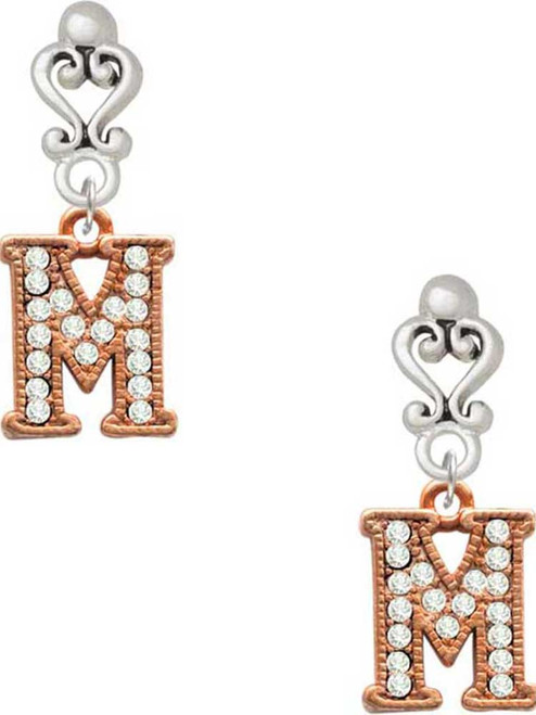 Rose Gold-tone Crystal Initial - M - Filigree Heart Post Earrings