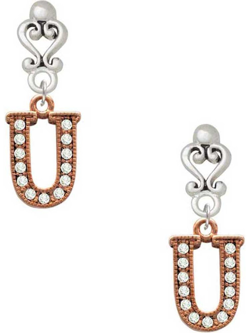Rose Gold-tone Crystal Initial - U - Filigree Heart Post Earrings