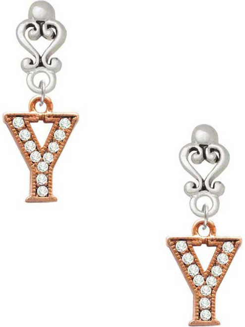 Rose Gold-tone Crystal Initial - Y - Filigree Heart Post Earrings