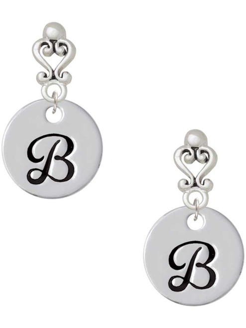 Silver Plated Large Script Letter Disc - B - Filigree Heart Post Earrings