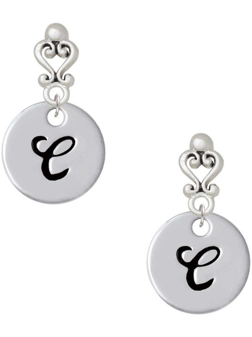 Silver Plated Large Script Letter Disc - C - Filigree Heart Post Earrings