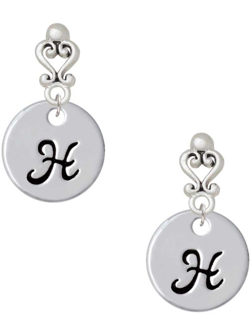 Silver Plated Large Script Letter Disc - H - Filigree Heart Post Earrings