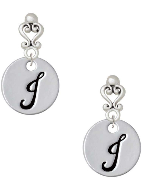 Silver Plated Large Script Letter Disc - J - Filigree Heart Post Earrings