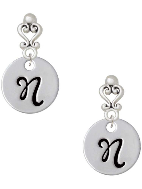 Silver Plated Large Script Letter Disc - N - Filigree Heart Post Earrings