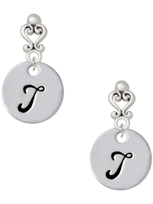 Silver Plated Large Script Letter Disc - T - Filigree Heart Post Earrings