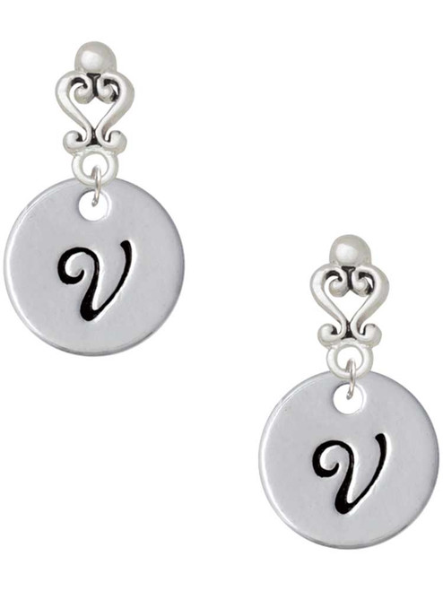 Silver Plated Large Script Letter Disc - V - Filigree Heart Post Earrings